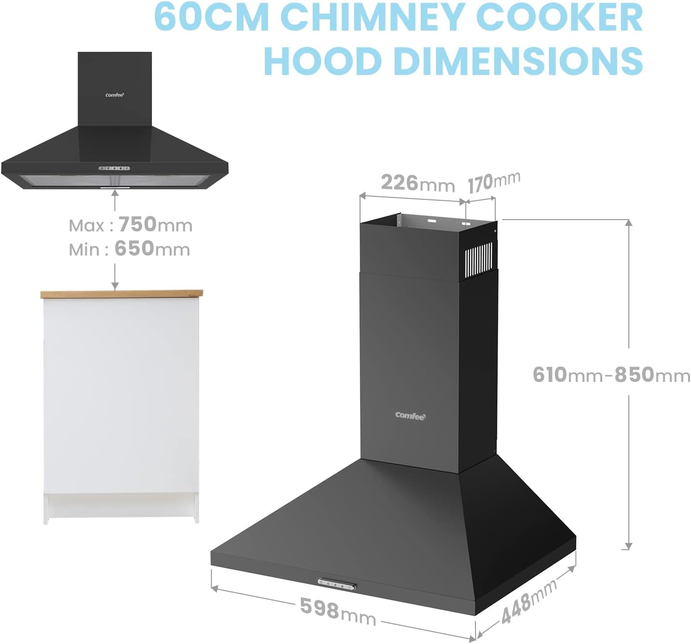 3-Speed 60cm Wall Mounted Chimney Cooker Range Hood With LED Light