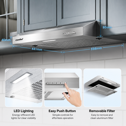 60cm Stainless Steel Under Cabinet Mount Range Hood with 3-Speed Modes