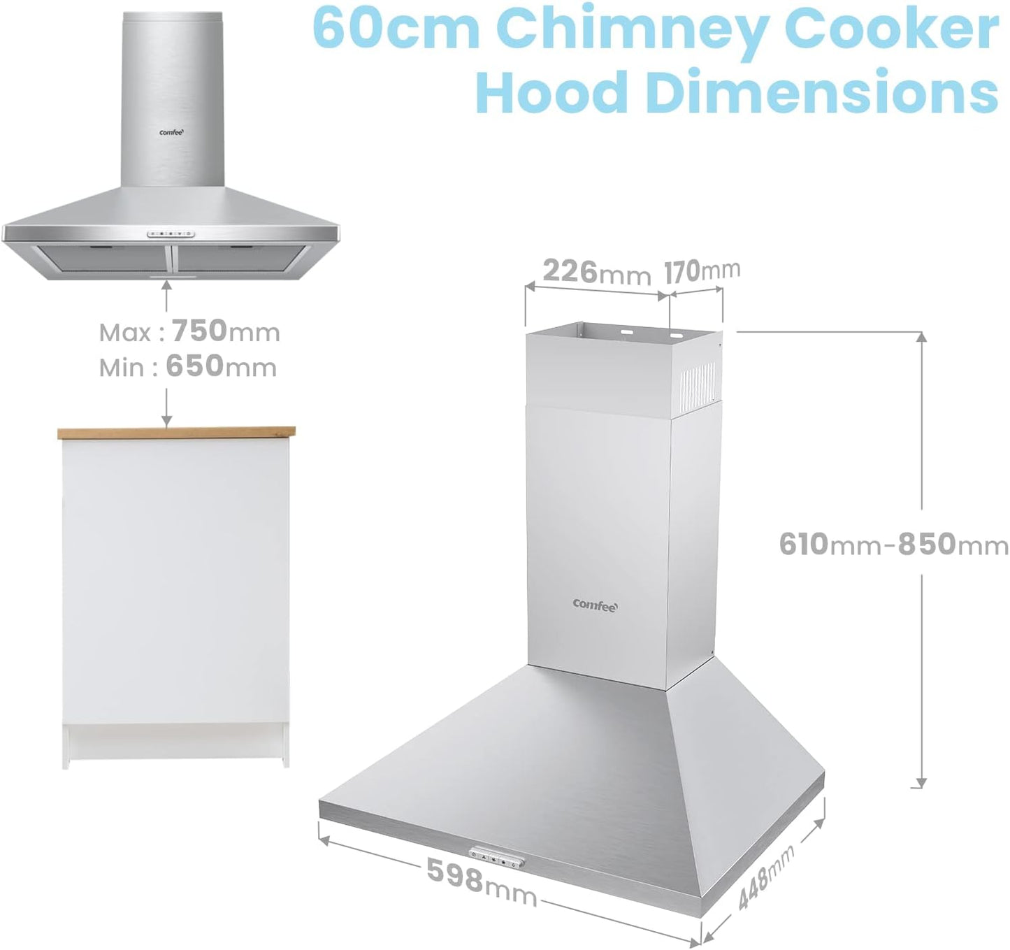 60cm 3-Speed Stainless Steel Wall Mounted Chimney Range Hood With LED Light