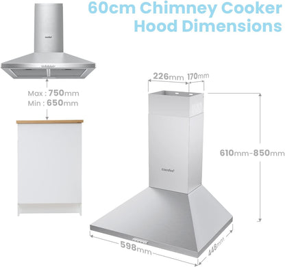 60cm 3-Speed Stainless Steel Wall Mounted Chimney Range Hood With LED Light