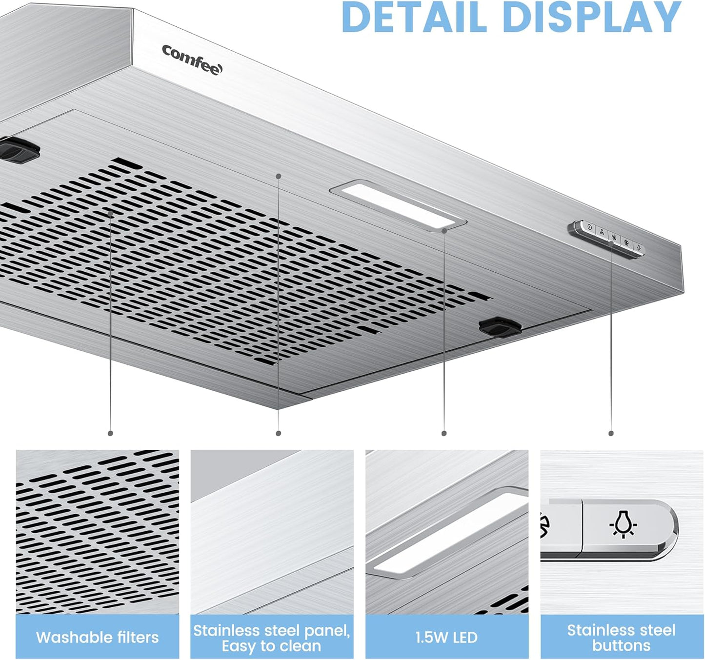 60cm Stainless Steel Under Cabinet Mount Range Hood with 3-Speed Modes