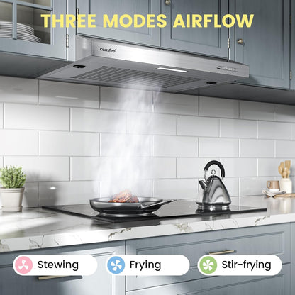60cm Stainless Steel Under Cabinet Mount Range Hood with 3-Speed Modes
