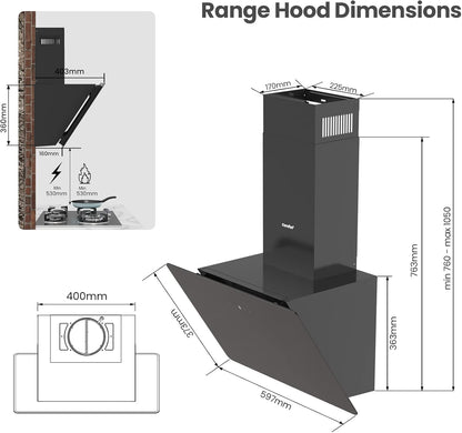 60CM Wall-mounted 3-Speed Chimney Angled Range Hood