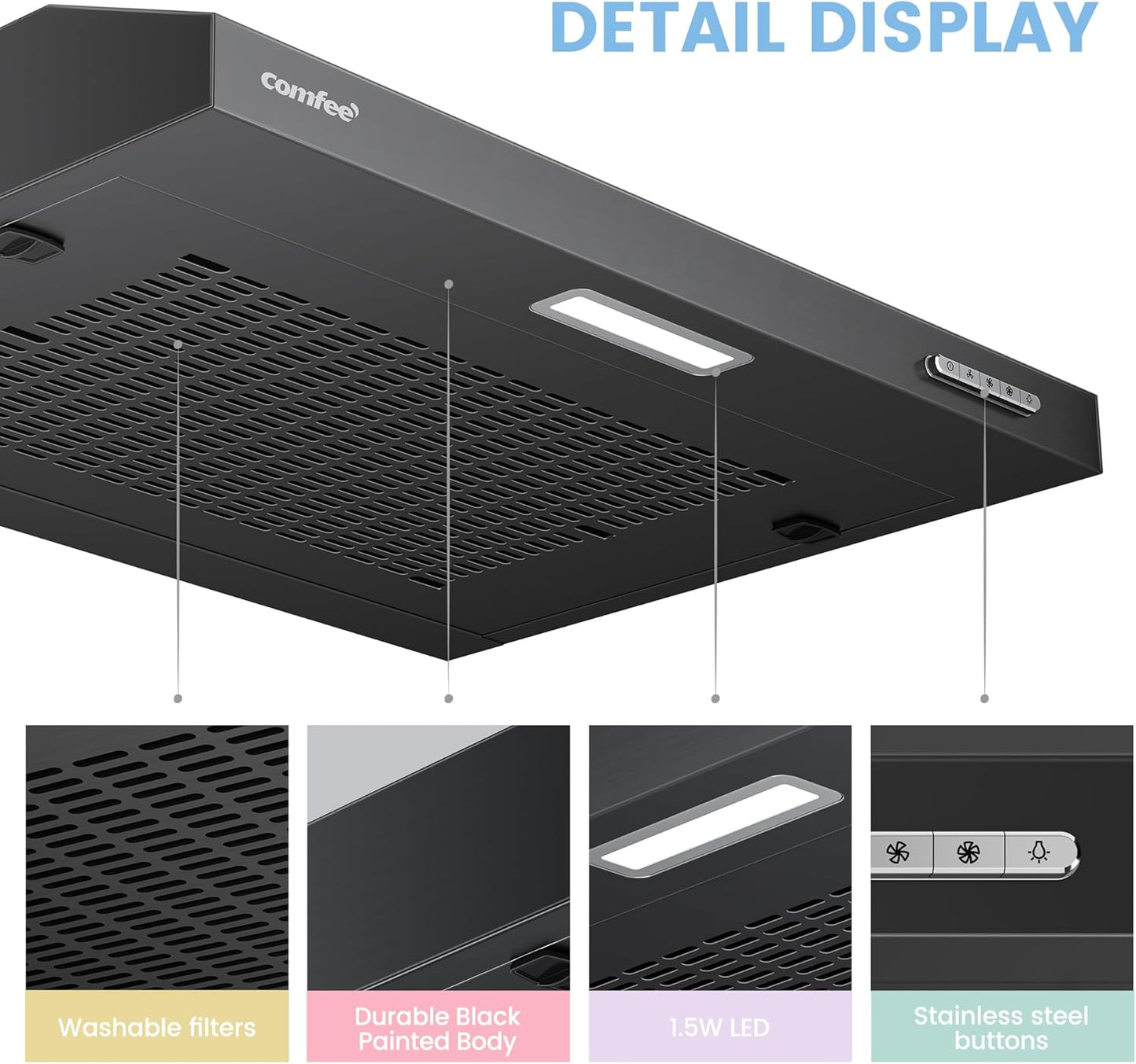 Black 60cm Under Cabinet Wall-Mount Cooker Range Hood with 3-Speed Modes