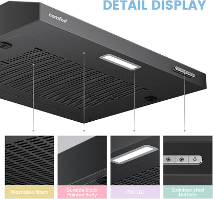 Black 60cm Under Cabinet Wall-Mount Cooker Range Hood with 3-Speed Modes