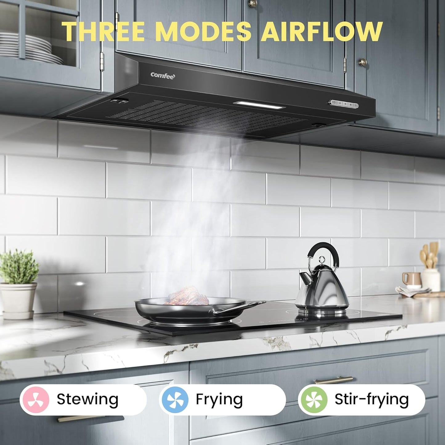 Black 60cm Under Cabinet Wall-Mount Cooker Range Hood with 3-Speed Modes
