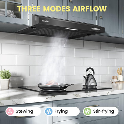 Black 60cm Under Cabinet Wall-Mount Cooker Range Hood with 3-Speed Modes
