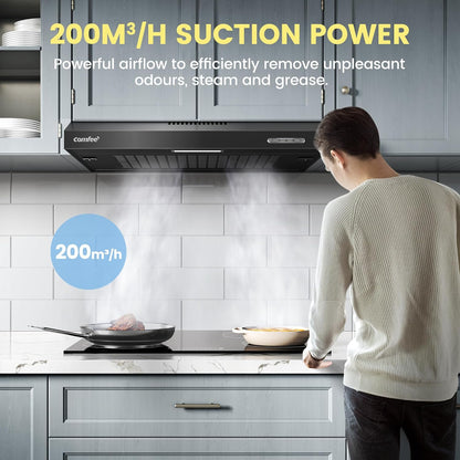 Black 60cm Under Cabinet Wall-Mount Cooker Range Hood with 3-Speed Modes