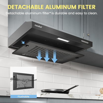 Black 60cm Under Cabinet Wall-Mount Cooker Range Hood with 3-Speed Modes