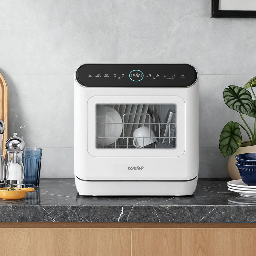 White Countertop Dishwasher with a Visible Door