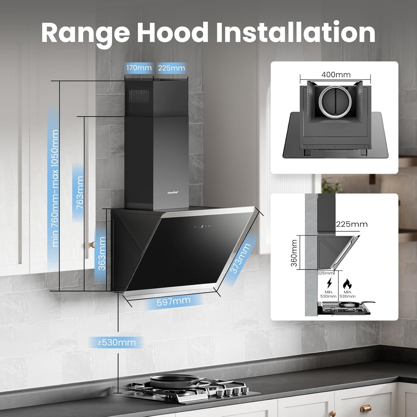 60CM Wall-mounted 3-Speed Angled Range Hood with Touch Screen