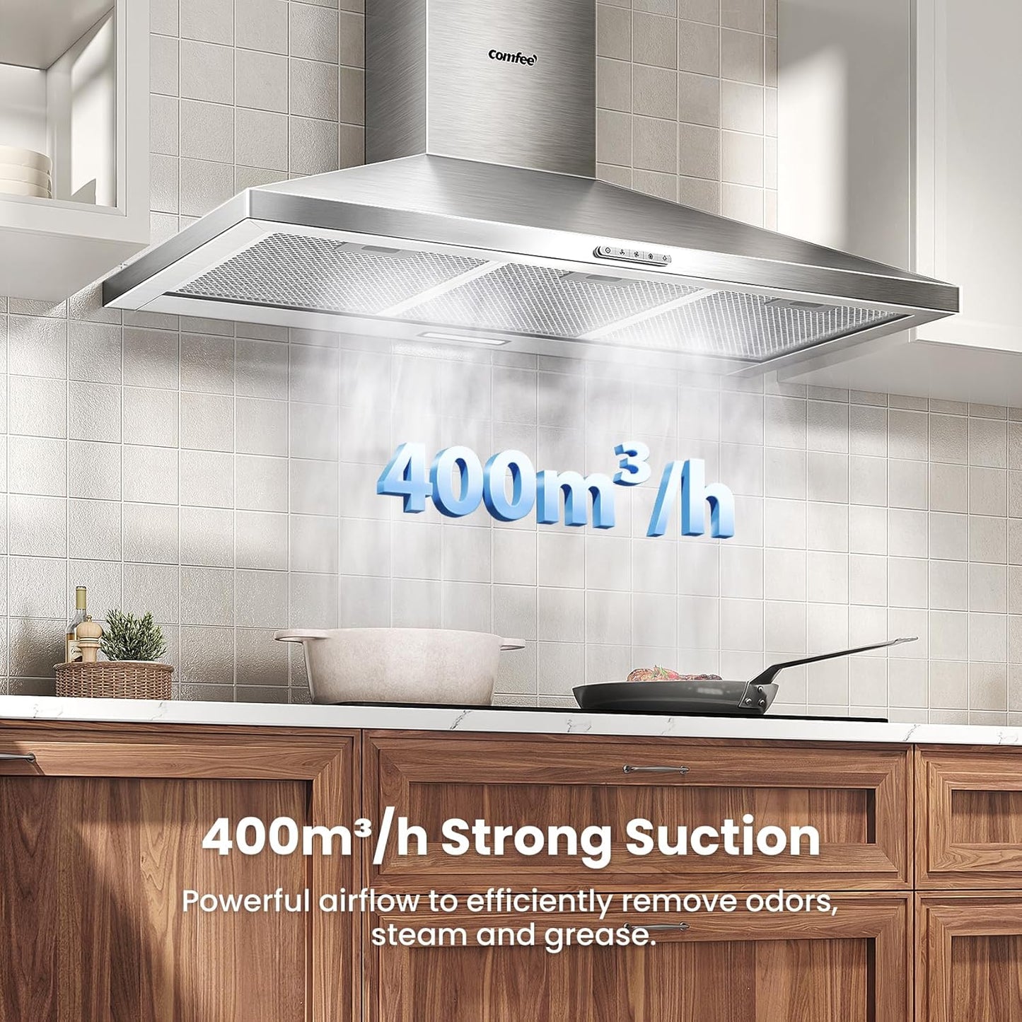 90cm Chimney Cooker Hood with LED and Recirculating & Ducting System