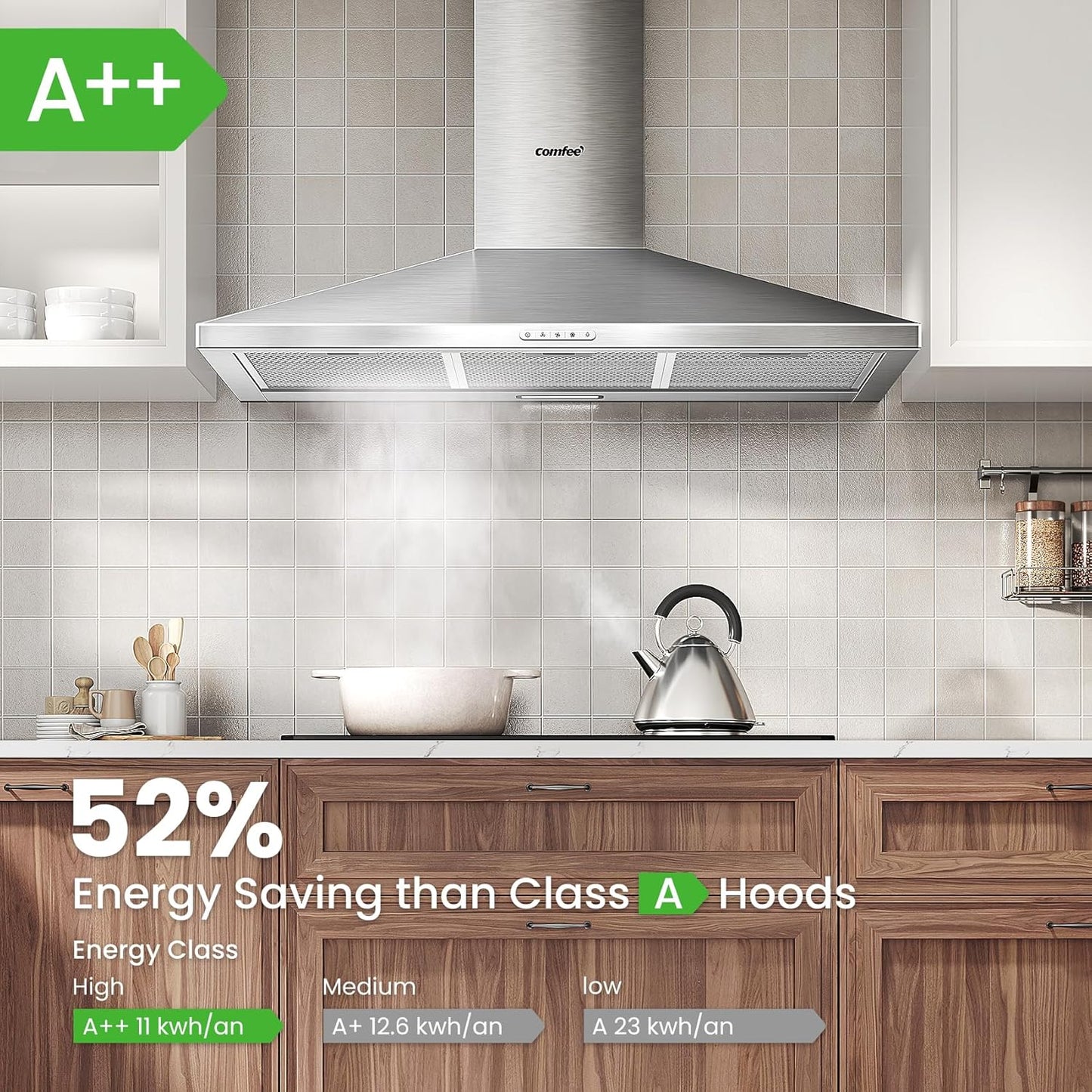 90cm Chimney Cooker Hood with LED and Recirculating & Ducting System
