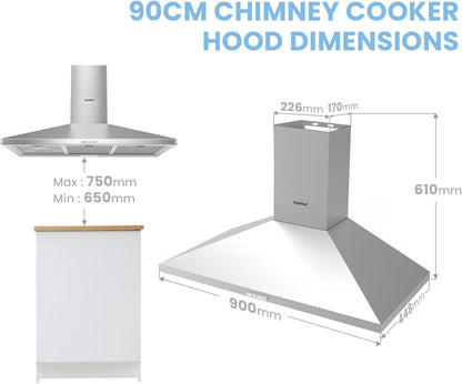 90cm Chimney Cooker Hood with LED and Recirculating & Ducting System